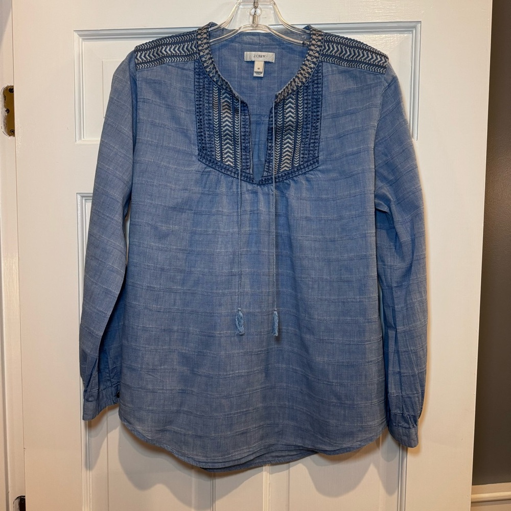 J. Crew Womens Size 10 Blue Blouse Embroidered Long Sleeve 1/2 Button Linen